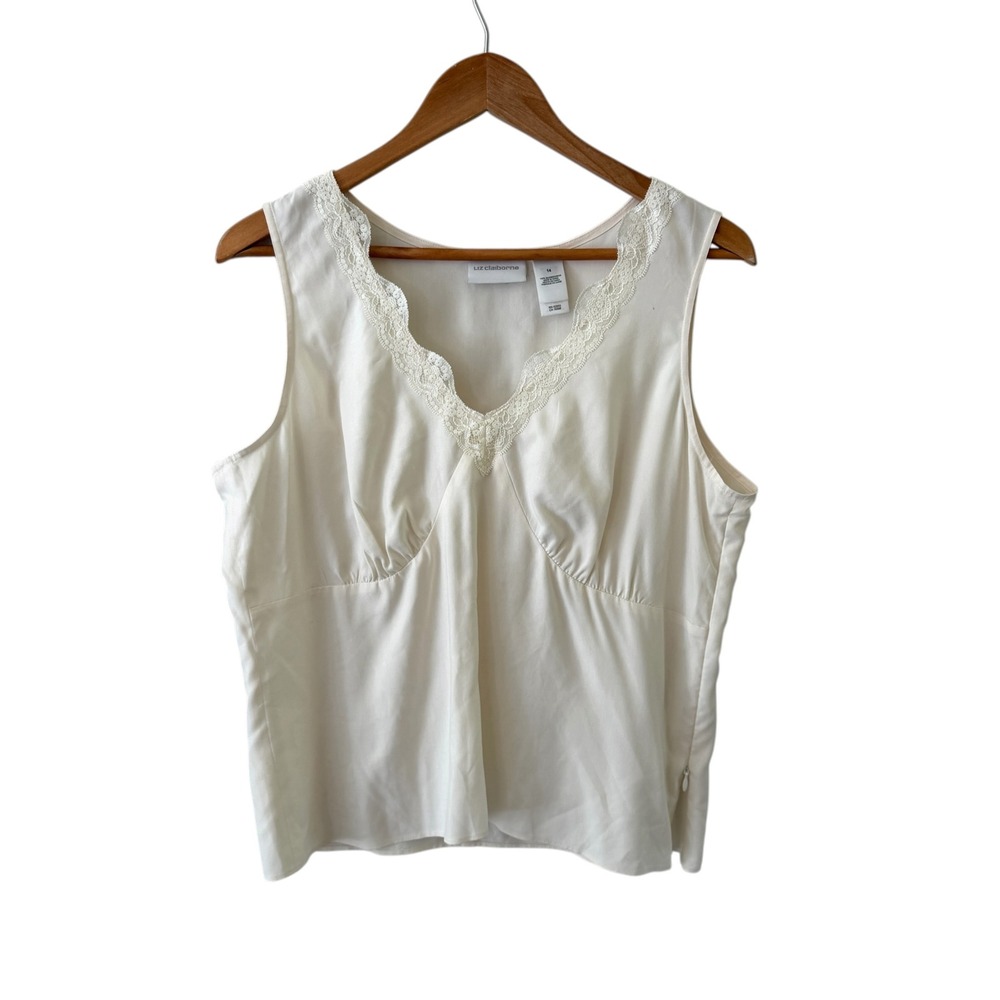 Liz Claiborne Silk Cami Tank Top Women 14 Ivory Lace Trim Minimalist Capsule